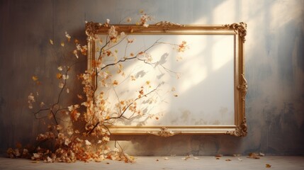 Frame for painting decorated with leaves and branches, in gold color, on a wall of a house in vintage style.