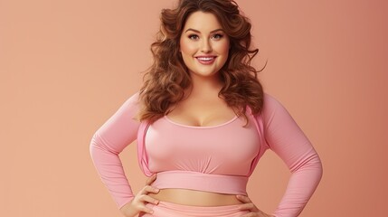 Woman 30 years old as a fashion chubby model, with a pink clothing dress.