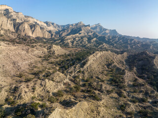 Aerial view of beautiful textures and hills in Vashlovani national park. Gorgeous place in Georgia.