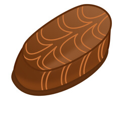 Brown oval candy from a chocolate box with chocolate coating