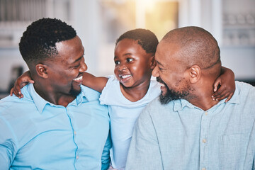 Black family, grandfather and father with girl in home, bonding and relax together. African...
