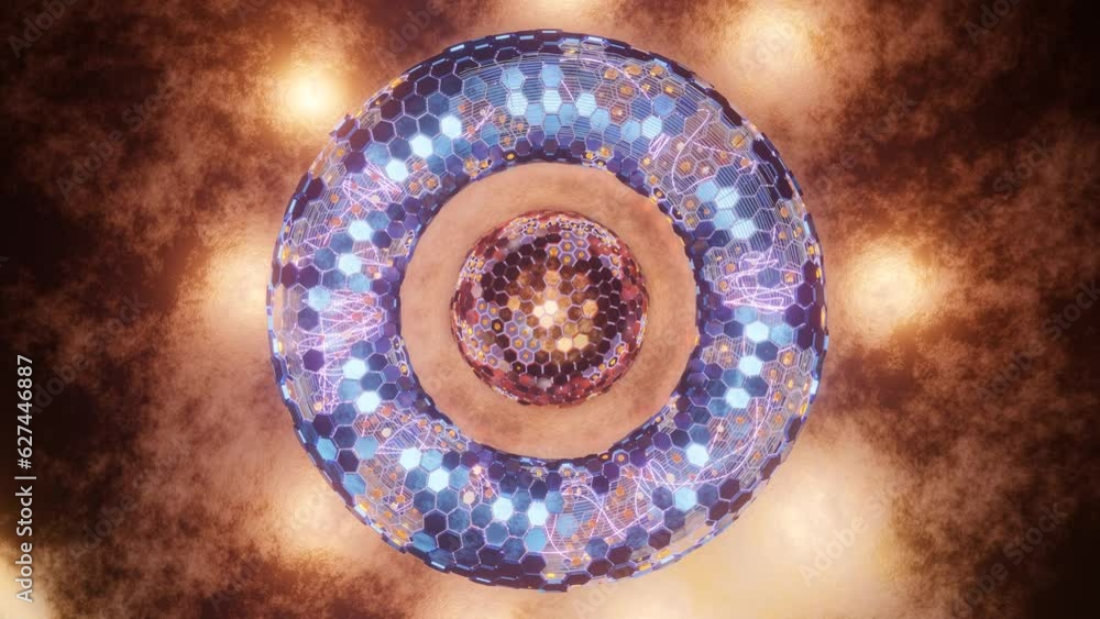 Poster loop 3d animation. abstract geometric figure of a set of hexagons. a torus of metal segments and a s