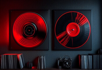 Vinyl records in black and red, picture on wall. AI Generated