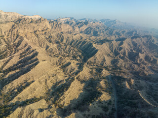Aerial view of beautiful textures and hills in Vashlovani national park. Gorgeous place in Georgia.
