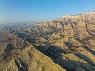 Aerial view of beautiful textures and hills in Vashlovani national park. Gorgeous place in Georgia.