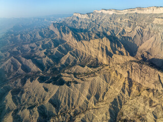 Aerial view of beautiful textures and hills in Vashlovani national park. Gorgeous place in Georgia.