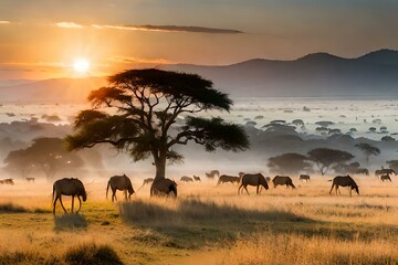 Obraz premium herd of elephants at sunset generated Ai.