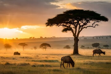 Fototapeta na wymiar elephants at sunset in continent generated Ai.
