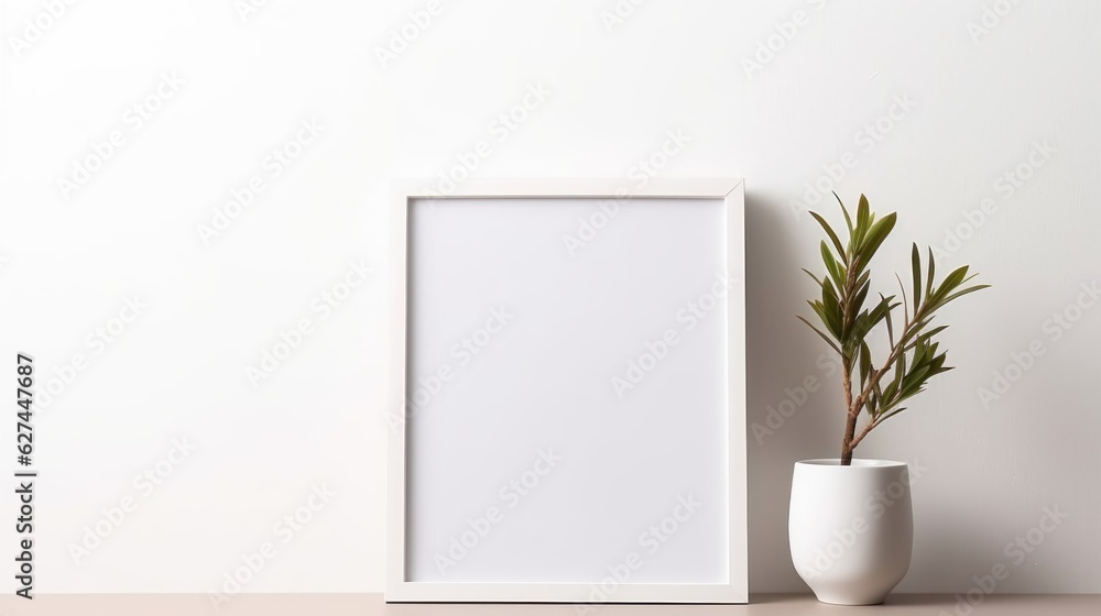 Wall mural Empty frame mockup in modern minimalist interior with plant in vase on white wall background. Template for artwork, paintings, pictures, photos
