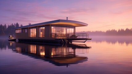 Sleek, floating houseboat on a serene lake. Generative AI