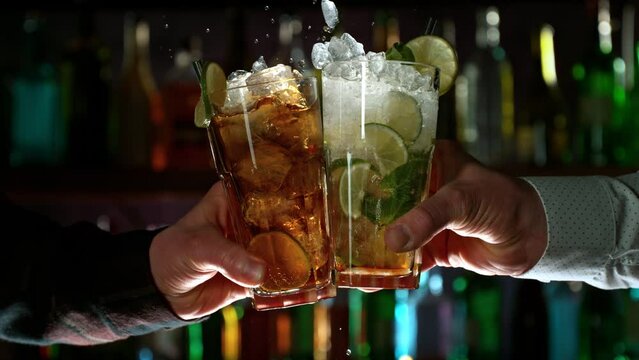 Super Slow Motion Shot of Long Drinks Cheering Before Bar at 1000fps.