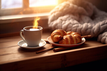 Cup with coffee and croissants near the window in a cozy setting
