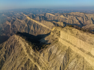 Aerial view of beautiful textures and hills in Vashlovani national park. Gorgeous place in Georgia.