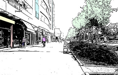 sketch of city street scene with person on a bike, trees, buildings and stores