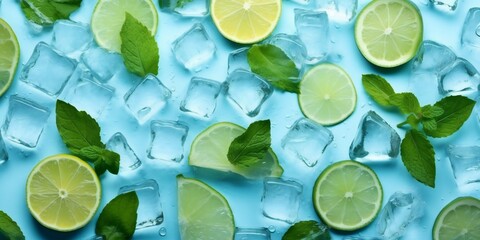 Ice cubes, mint, and cut limes on turquoise background