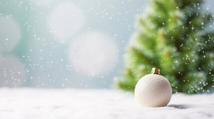 Christmas bauble on a snowy background with a green Christmas tree.  Copy space.