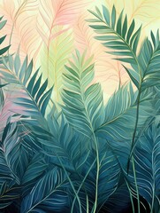 Tropical palm green leaves wallpaper. Trendy interior mural sunset colours.Fresco concept. Watercolor and artist brushes.