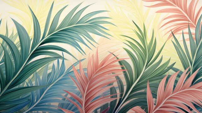 Tropical palm green leaves wallpaper. Trendy interior mural sunset colours.Fresco concept. Watercolor and artist brushes.