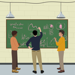 People collaborating, teacher, students, employees, drawing, writing on board, office workers for business, discussion, website, blog and more. Vector illustration of men discussing mathematics