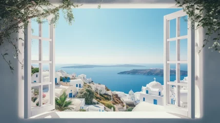 Keuken spatwand met foto view from the window to the sea. View of the hillside through the open window to the sea and the white village. Santorini Greece. White architecture of Oia village © Denis