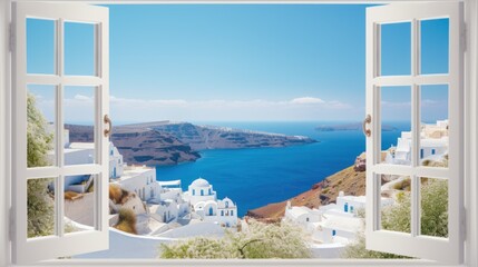 view from the window to the sea. View of the hillside through the open window to the sea and the white village. Santorini Greece. White architecture of Oia village - obrazy, fototapety, plakaty