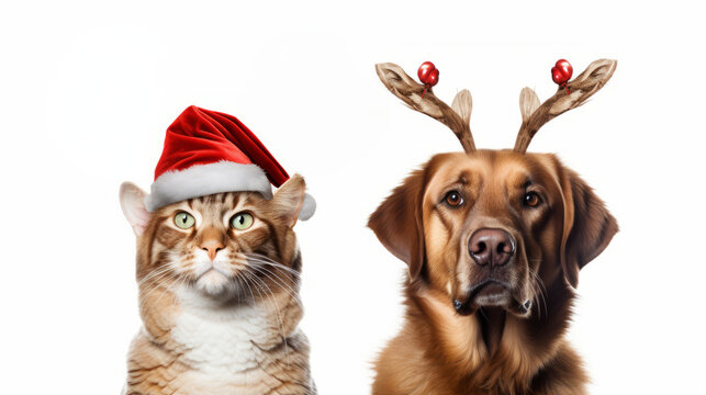 close-up dog and cat pet celebrating christmas wearing a reindeer antlers headband, santa hat. generated ai