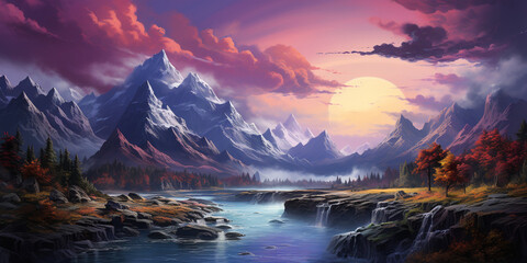 Fototapeta na wymiar beautiful colorful illustration of a forest at magical sunset, Generative IA