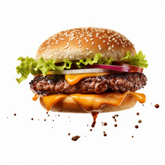 Burger with cutlet, herbs, peppers and onions from which cheese leaks