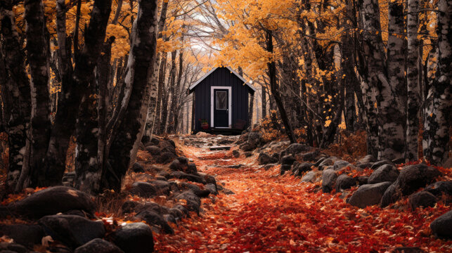 Quaint, rustic cabin nested in a vibrant autumn forest. Generative AI