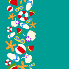 vertical colorful beach summer accessories concept seamless pattern on green background. vector abstract illustration.