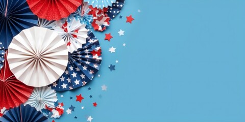 Red, white, and blue paper fans with stars confetti on blue background