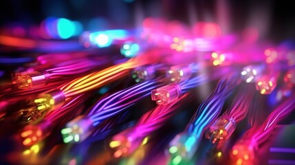 Technology background with multicolored fiber optic cables. Concept of fast internet. Illustration for banner, poster, cover, brochure or presentation.