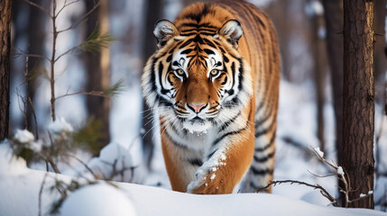 A majestic Siberian Tiger prowling through a snowy forest, its intense gaze fixed on its prey Generative AI