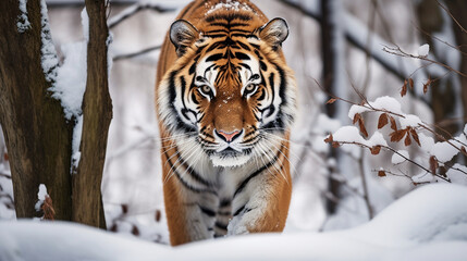 Fototapeta na wymiar A majestic Siberian Tiger prowling through a snowy forest, its intense gaze fixed on its prey Generative AI