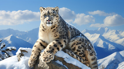 A graceful Snow Leopard perched on a rocky cliff, blending seamlessly with the snowy landscape Generative AI