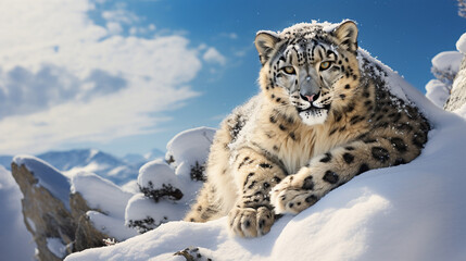 Obraz premium A graceful Snow Leopard perched on a rocky cliff, blending seamlessly with the snowy landscape Generative AI