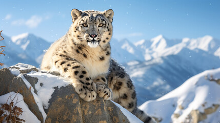 A graceful Snow Leopard perched on a rocky cliff, blending seamlessly with the snowy landscape Generative AI