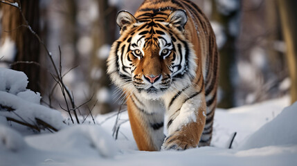 Fototapeta na wymiar A majestic Siberian Tiger prowling through a snowy forest, its intense gaze fixed on its prey Generative AI