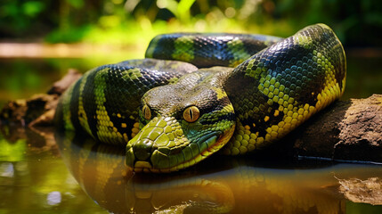 A stunning and rare Green Anaconda basking in the warmth of the Amazon rainforest Generative AI