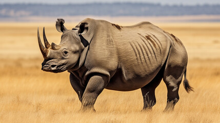 Fototapeta premium A striking Black Rhinoceros grazing on the savannah, its impressive horn towering above the grass Generative AI