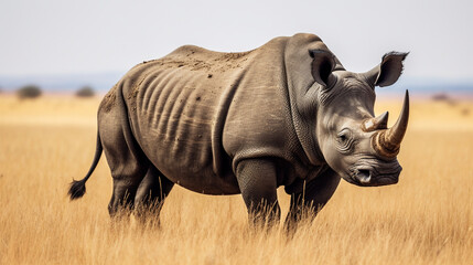 Fototapeta premium A striking Black Rhinoceros grazing on the savannah, its impressive horn towering above the grass Generative AI