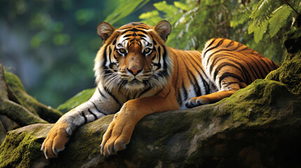 Obraz premium A magnificent South China Tiger resting regally on a rocky outcrop, surveying its domain Generative AI