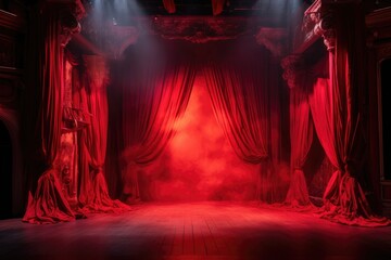 a stage with a red curtain and a stage light - obrazy, fototapety, plakaty