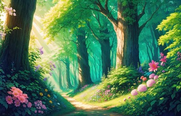 Green Summer Forest Illustration With Big Trees Background