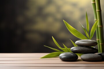 Fototapeta na wymiar Illustration of a serene Zen garden with a bamboo plant and rocks on a table, Generative AI