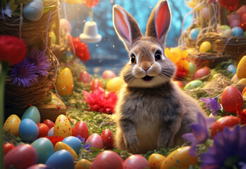 Fototapeta na wymiar photo happy bunny with many easter eggs on grass festive background for decorative design