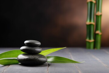 zen spirit, a balanced stack of rocks on a rustic wooden table