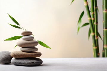 Fototapeta na wymiar Illustration of a balanced stack of rocks next to a vibrant bamboo plant, Generative AI