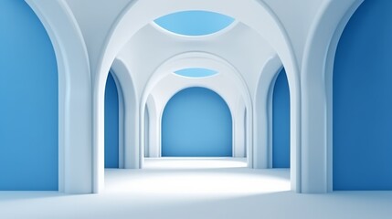 Illustration of a beautiful blue and white room with elegant arches and stunning architectural details