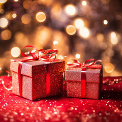 Red gift boxes and holiday Christmas lights  ,Ai generated art illustration.